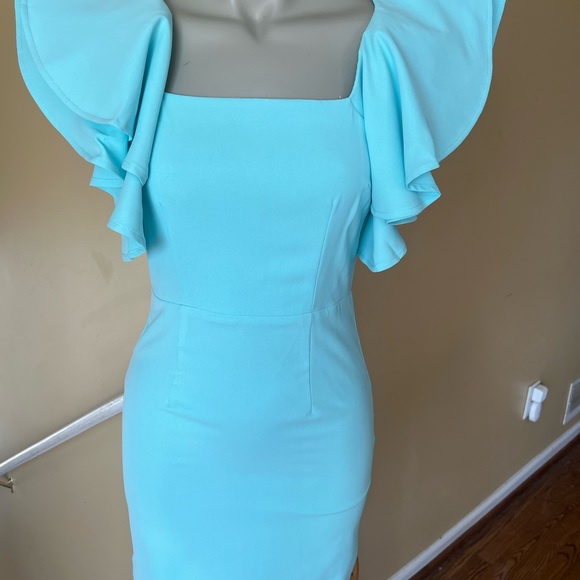 TCEC Dresses & Skirts - TCEC One Shoulder Aqua Dress with Ruffle Detail